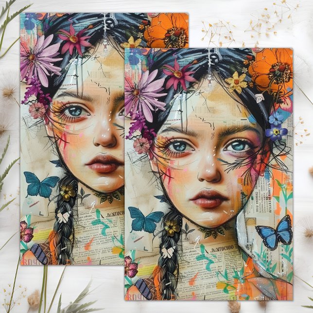 PAPIER MOUSSELINE DÉCOUPAGE DE FILLE FLEURIE BOHO (BOHO FLOWER GIRL DECOUPAGE TISSUE PAPER)