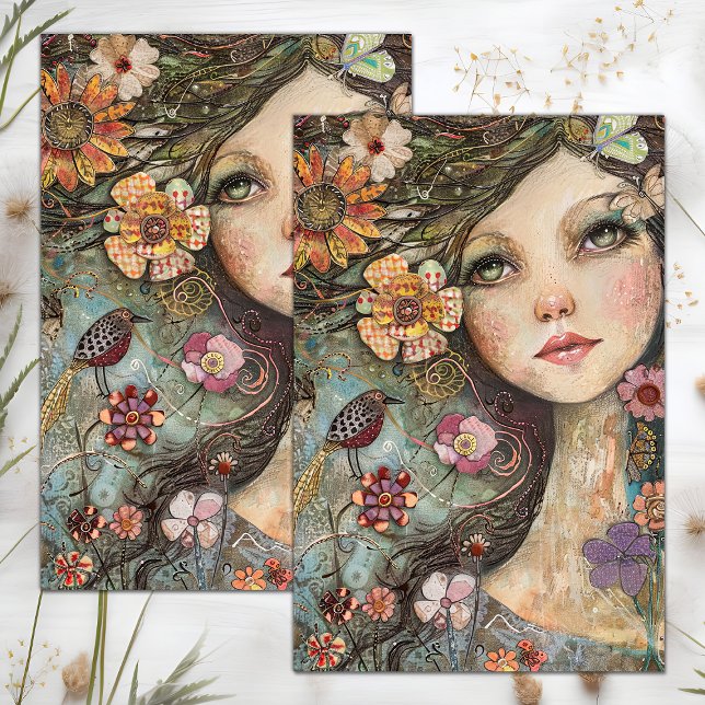 PAPIER MOUSSELINE DÉCOUPAGE DE FILLE FLEURIE BOHO (BOHO FLOWER GIRL DECOUPAGE TISSUE PAPER)