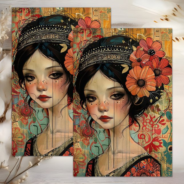 PAPIER MOUSSELINE DÉCOUPAGE DE FILLES BOHO WHIMSICAL (WHIMSICAL BOHO GIRL DECOUPAGE TISSUE PAPER)