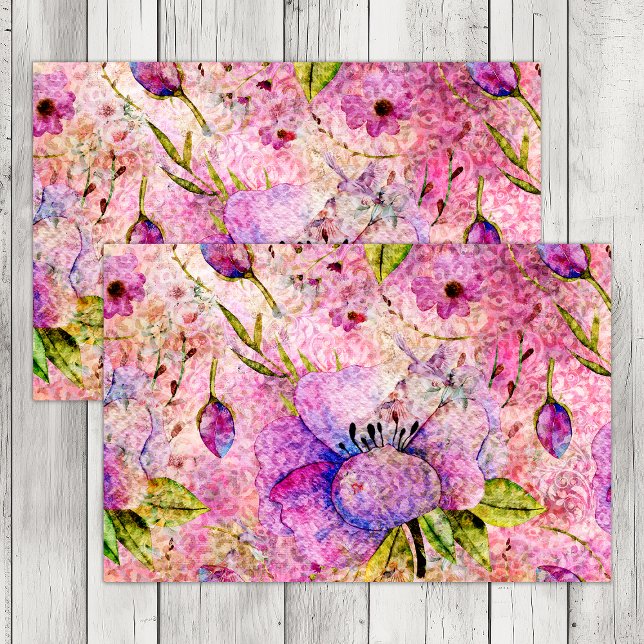 PAPIER MOUSSELINE DÉCOUPAGE DE GRUNGE FLORAL BOHO ROSE (PINK BOHO FLORAL GRUNGE DECOUPAGE TISSUE PAPER)