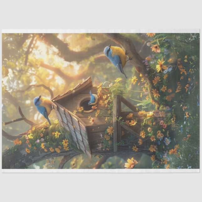 Papier Mousseline Découpage de la forêt d'Oiseaux bleus orientaux (Recto)