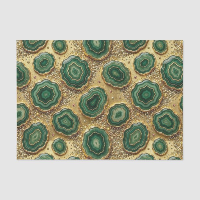 Papier Mousseline Découpage de Luxe | Géode d'agate verte forêt + or (Recto)