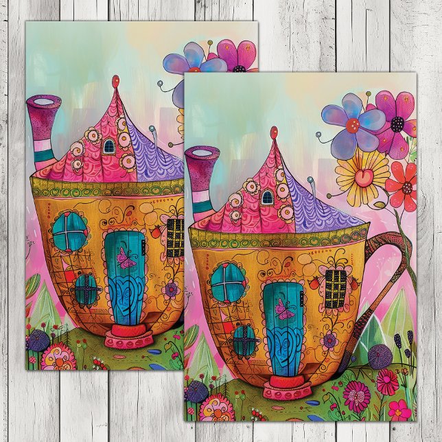 PAPIER MOUSSELINE DÉCOUPAGE DE MAISON DE TASSE DE THÉ BLANC (WHIMSICAL TEA CUP HOUSE DECOUPAGE TISSUE PAPER)