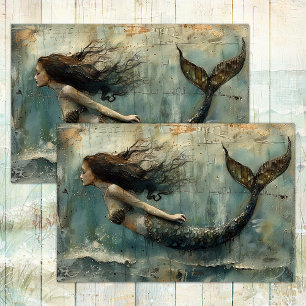 PAPIER MOUSSELINE DÉCOUPAGE DE PEINTURE DE SIRENE VINTAGE