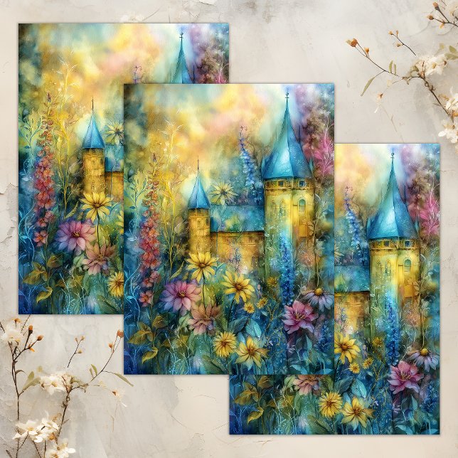 PAPIER MOUSSELINE DÉCOUPAGE DU CHÂTEAU DE LA FOULEUR DE COULEUR D'EA (ENCHANTED WATERCOLOR GARDEN CASTLE DECOUPAGE TISSUE PAPER)