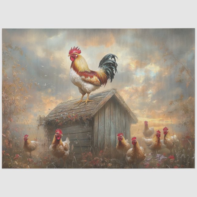 Papier Mousseline Découpage du coq de ferme sur le plumage vibrant (Recto)