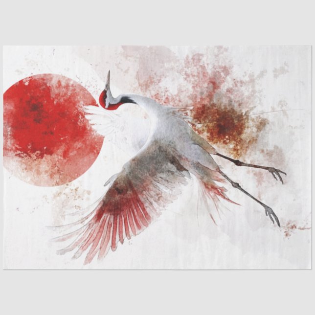 Papier Mousseline Découpage élégante grue japonaise et soleil rouge (Recto)