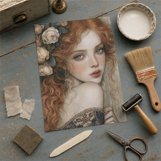 Papier Mousseline Découpage Élégante Rousse et Roses d'Ivoire