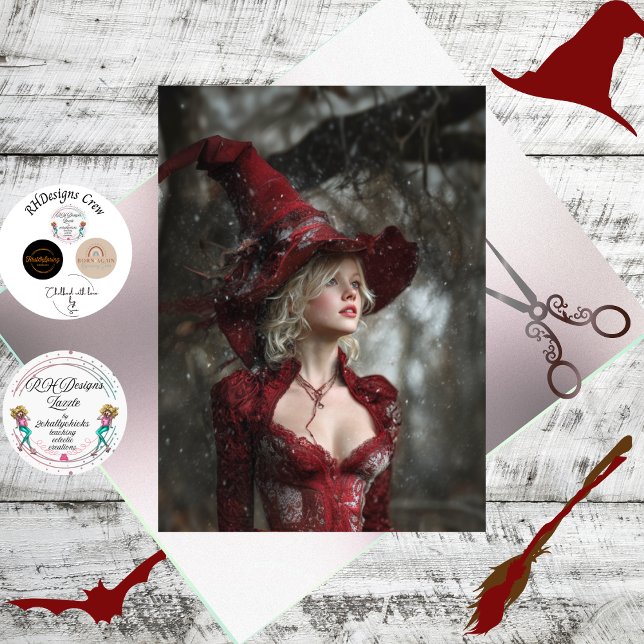Papier Mousseline Decoupage Fantasy Witch Dressed in Red Winter  (Créateur téléchargé)