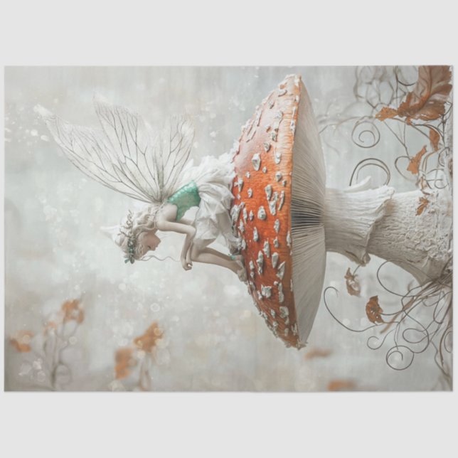 Papier Mousseline Découpage Fée Whimsique Sur Champignons Blanc Roug (Recto)