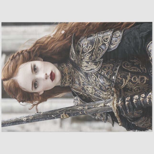 Papier Mousseline Découpage Femme Cheveux Rouges Intricte Armor Épée (Recto)