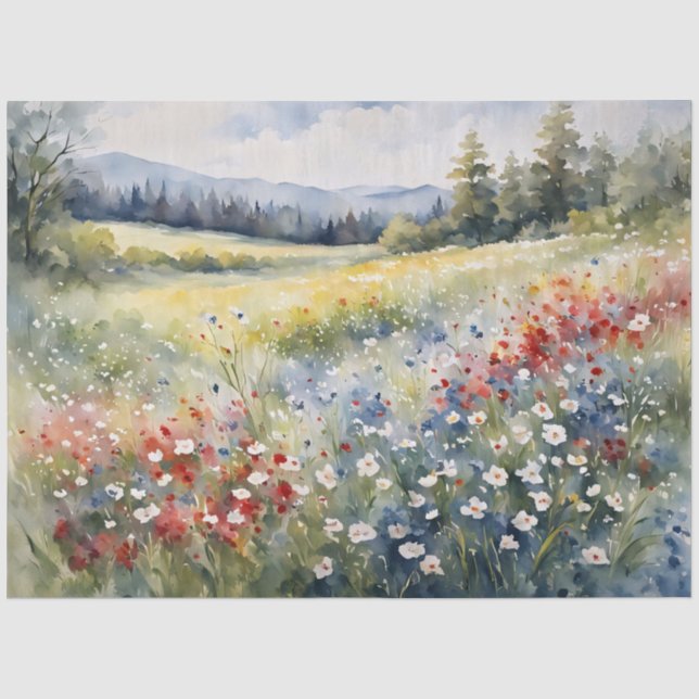 Papier Mousseline Découpage Fleur sauvage blanc et bleu rouge (Recto)