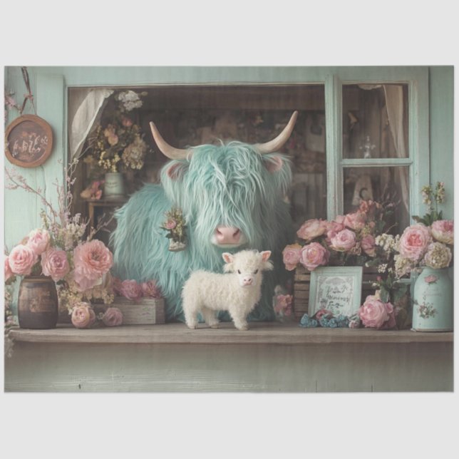 Papier Mousseline Découpage Fleurs Turquoises Whimsical Highland et  (Recto)