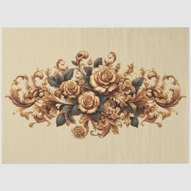 Papier Mousseline Découpage Floral Baroque Or Extra Grande (Recto)