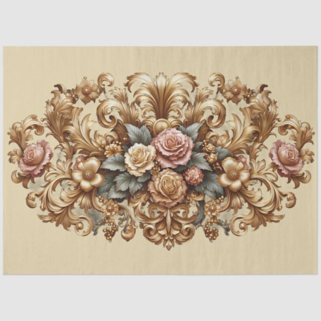Papier Mousseline Découpage Floral Baroque Or Extra Grande (Recto)