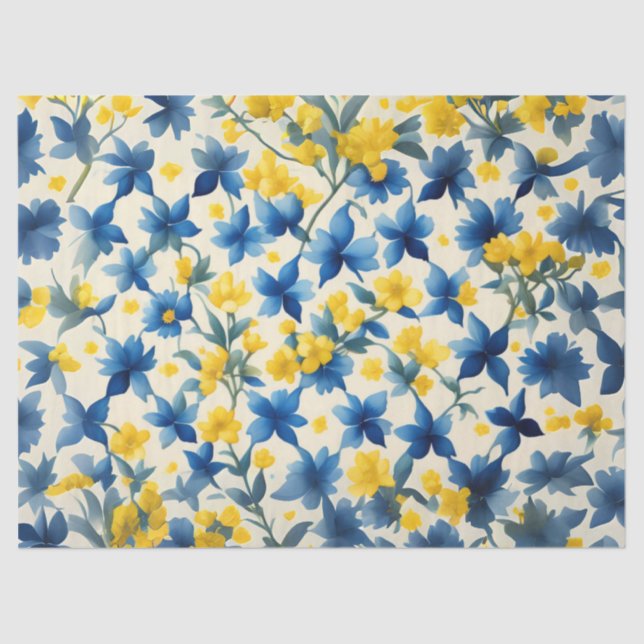 Papier Mousseline Découpage florale bleue, jaune et blanche (Recto)