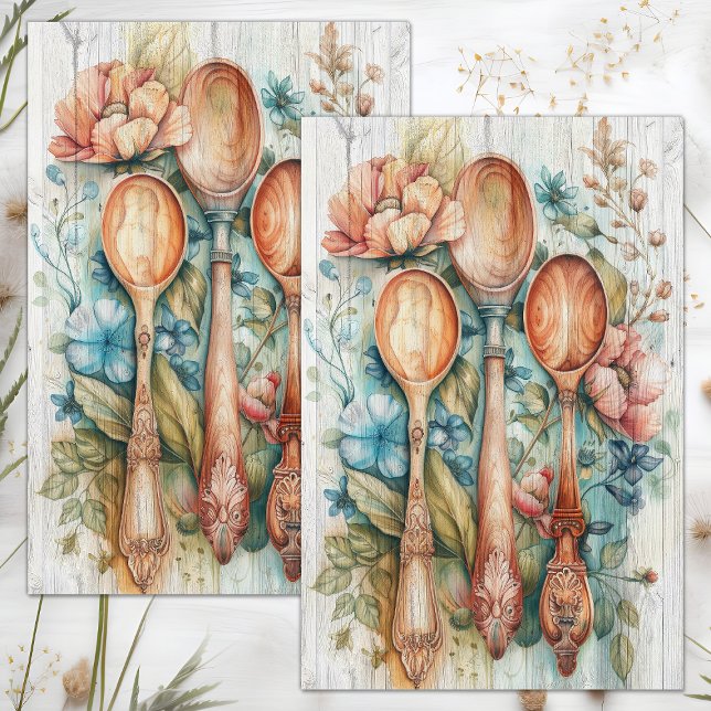 PAPIER MOUSSELINE DÉCOUPAGE FLORALE DES POUTRES EN BOIS (WOODEN SPOONS FLORAL DECOUPAGE TISSUE PAPER)