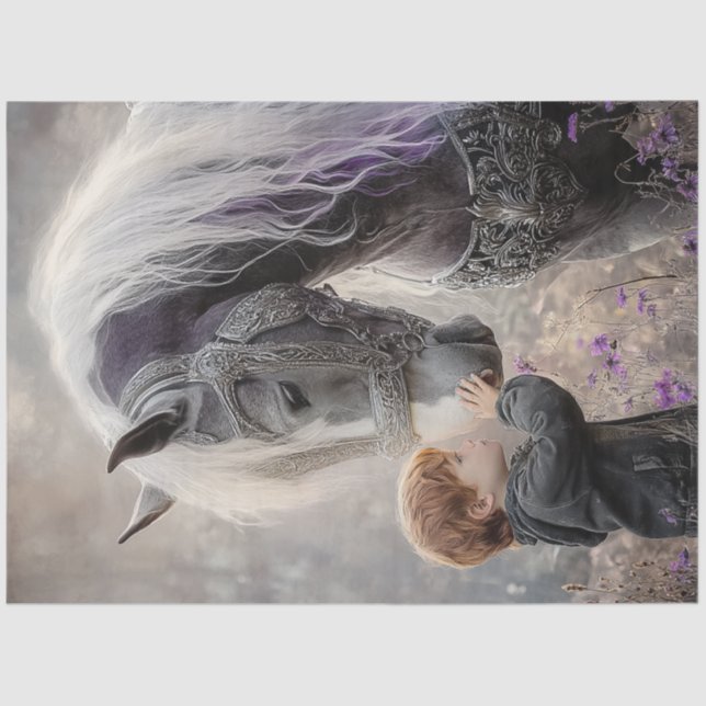 Papier Mousseline Découpage Garçon à tête rouge et son cheval majest (Recto)