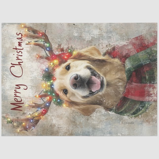 Papier Mousseline Découpage Golden Retriever Antlers & Christmas (Recto)