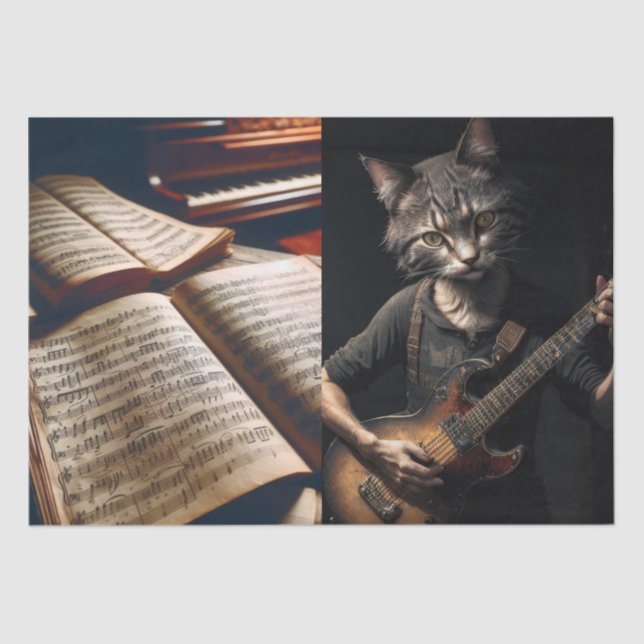 Papier Mousseline Découpage - Guitare de chat et musique - Papier de (Recto)
