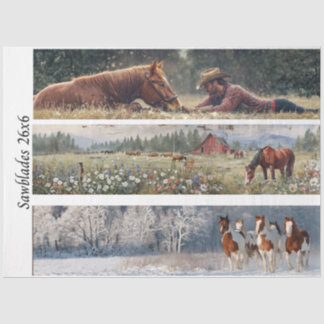Papier Mousseline Decoupage Handsaw Design Cowboy, Red Barn, Horses