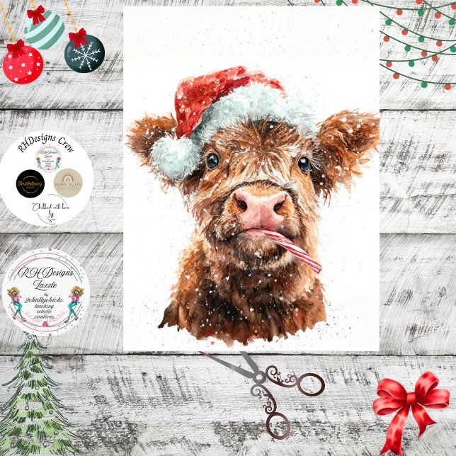 Papier Mousseline Decoupage Highland Calf Santa Hat Candy Cane (Créateur téléchargé)