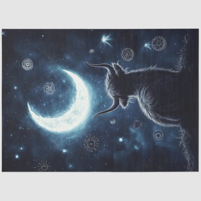 Papier Mousseline Découpage Highland Calf Sitting Hill Starring Moon (Recto)