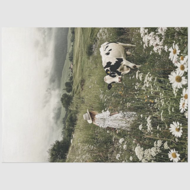 Papier Mousseline Découpage Holstein Vache et fille en Fleur sauvage (Recto)