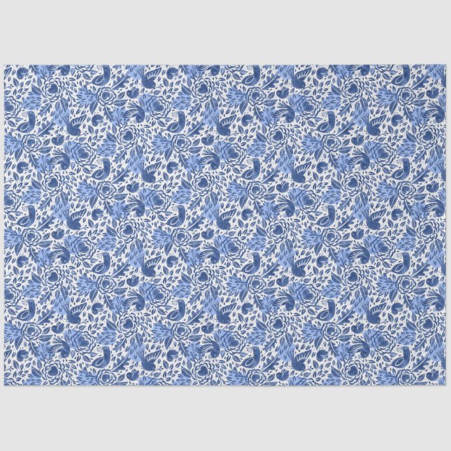 Papier Mousseline Découpage illustrée d'oiseaux et de coeurs bleus (Recto)