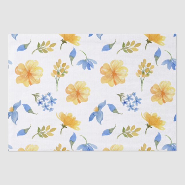 Papier Mousseline Découpage italien de carreaux bleus floraux jaunes (Recto)