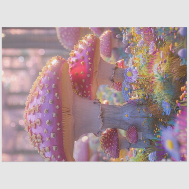 Papier Mousseline Découpage Jardin magique des champignons roses (Recto)