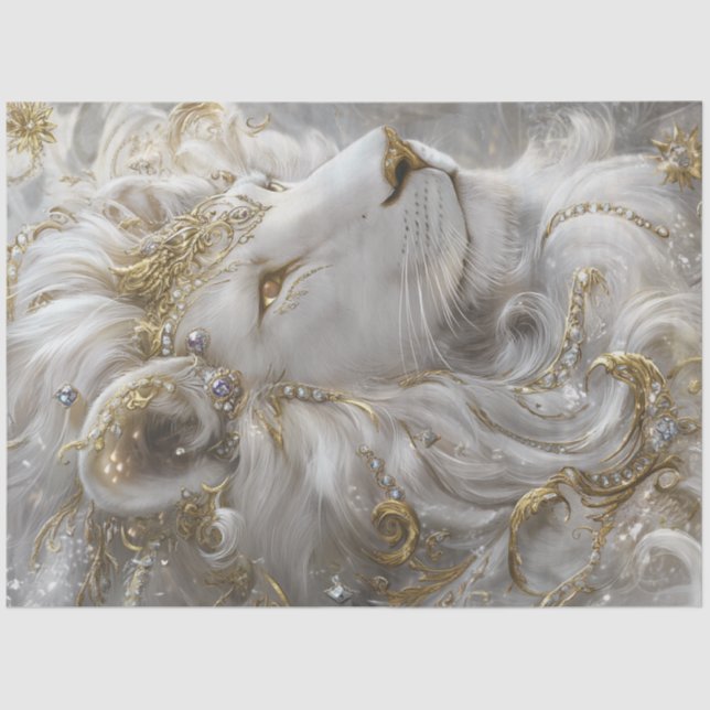 Papier Mousseline Découpage Majestic White Lion Or & Argent (Recto)