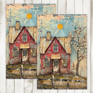 Papier Mousseline DECOUPAGE MIXTE Ferme Rouge Délabré