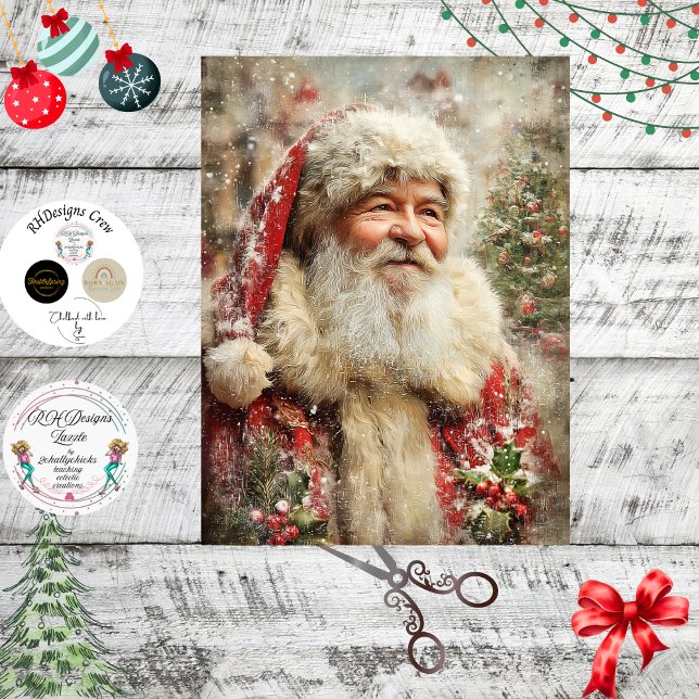 Papier Mousseline Decoupage Painterly Santa Claus Snowy Tree Artwork (Créateur téléchargé)