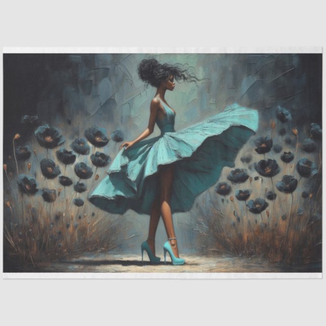 Papier Mousseline Découpage Papier Tissu Aqua Blue Poppies Femme (Recto)