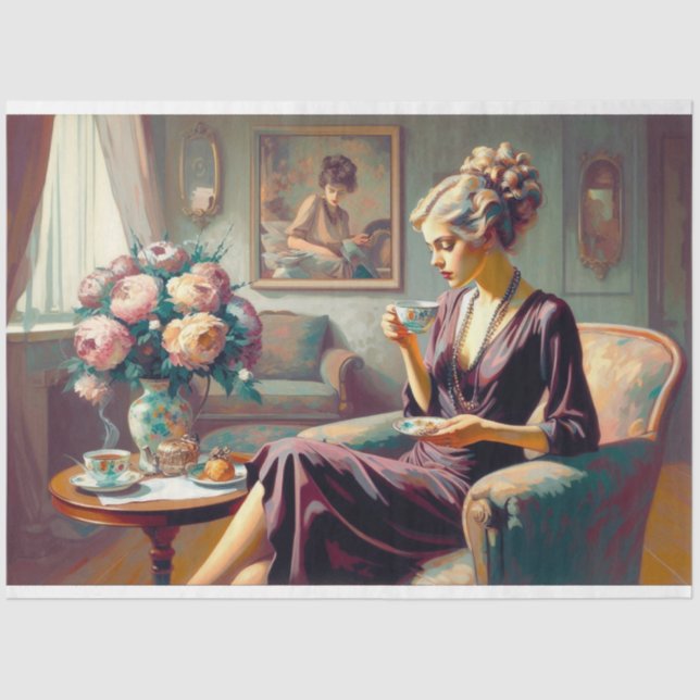 Papier Mousseline Découpage Papier Tissu Art Déco Dame (Recto)