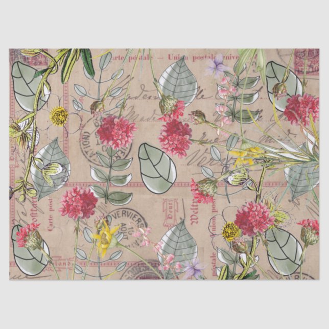 Papier Mousseline Découpage papier tissu - Carte postale Feuille flo (Recto)