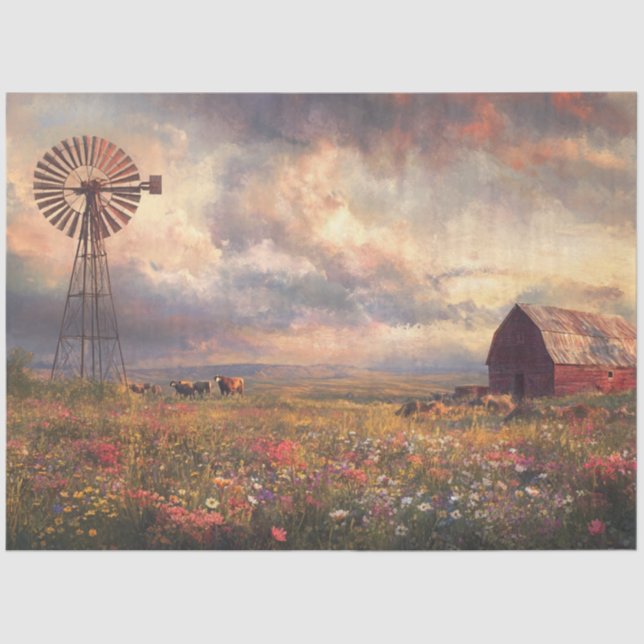 Papier Mousseline Découpage Paysage moulin à vent Rouge Grange Fleur (Recto)