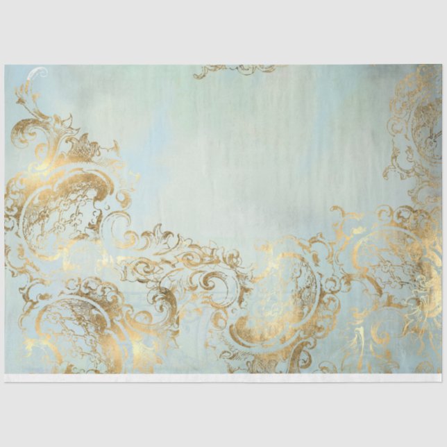 Papier Mousseline Découpage Peacock Gold et Dusty Blue (Recto)
