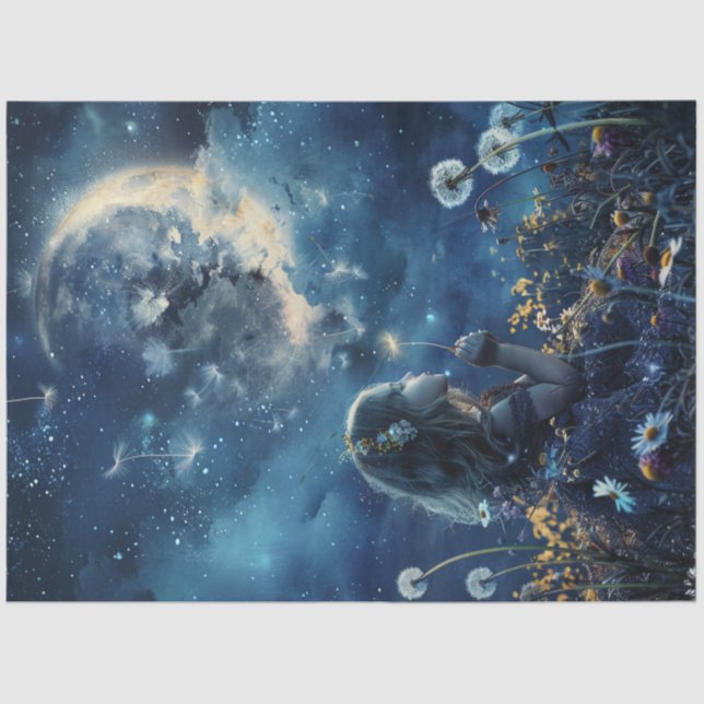 Papier Mousseline Découpage Petite fille terrain Dandelions & Lune (Recto)