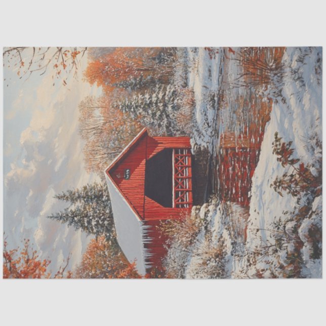 Papier Mousseline Découpage Pont couvert rouge Scène hivernale (Recto)