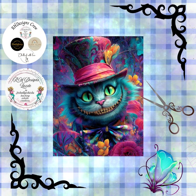 Papier Mousseline Decoupage Psychedelic Cheshire Cat Fantasy Art (Créateur téléchargé)