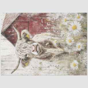 Papier Mousseline Découpage Red Barne Highland Cow Flower Field
