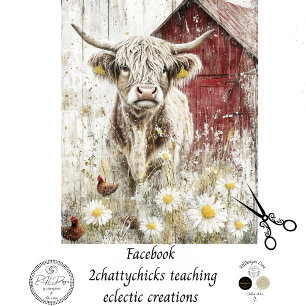 Papier Mousseline Découpage Red Barne Highland Cow Flower Field
