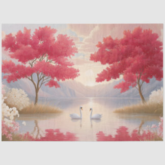 Papier Mousseline Decoupage romantique Lac aux Cygnes Arbres en fleu