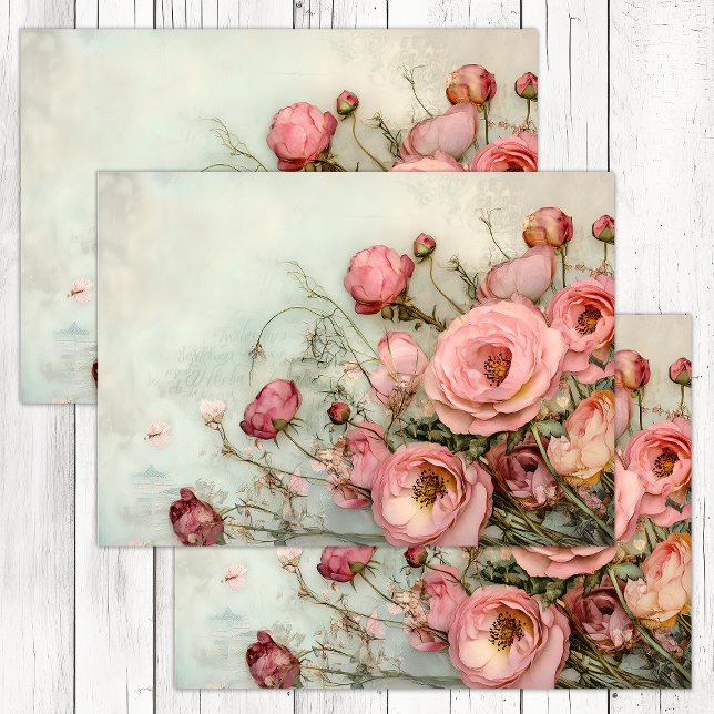 PAPIER MOUSSELINE DÉCOUPAGE ROSE SHABBY ROMANTIQUE (ROMANTIC SHABBY ROSES DECOUPAGE TISSUE PAPER)