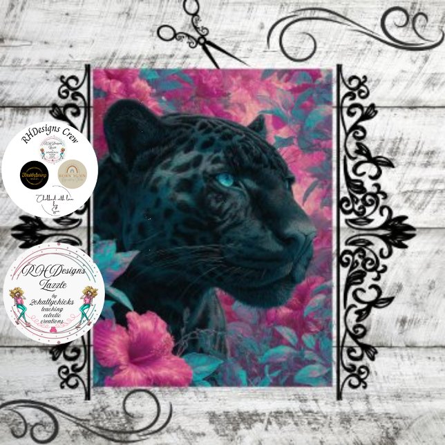 Papier Mousseline Découpage Rosetta noire Jaguar Fleurs roses (Créateur téléchargé)