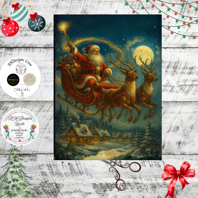 Papier Mousseline Decoupage Santa & Reindeer Sleighing in Night Sky  (Créateur téléchargé)