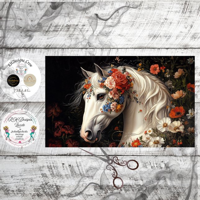 Papier Mousseline Decoupage Serene White Horse Tapestry Blooms  (Créateur téléchargé)