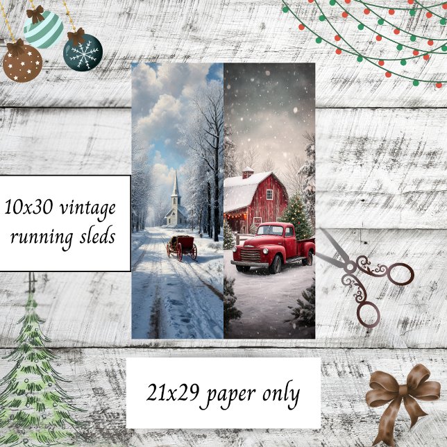 Papier Mousseline Decoupage Snow Church Red Truck Runner Sleds (Créateur téléchargé)